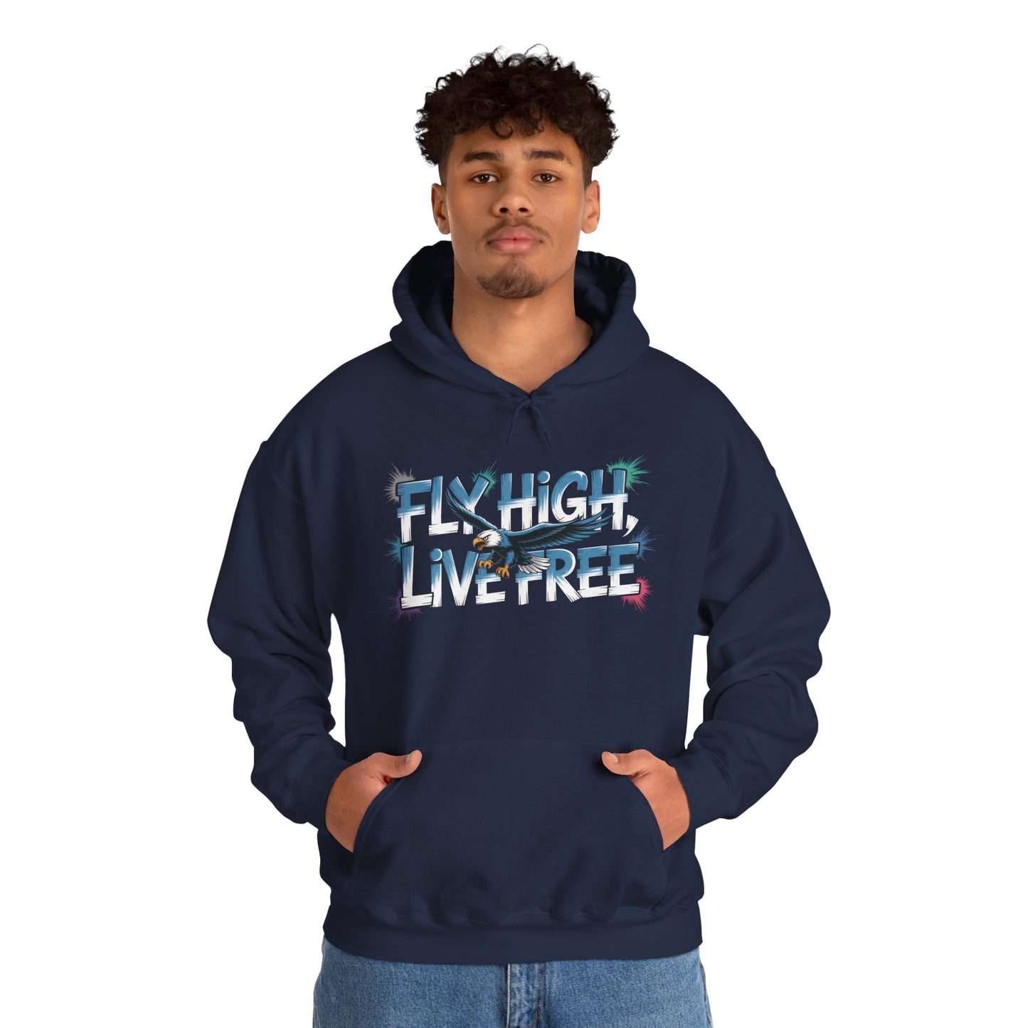 Mens Heavy Blend™ Hooded Sweatshirt, Fly High Live Free Eagle Mens Hoodie Streetwear
