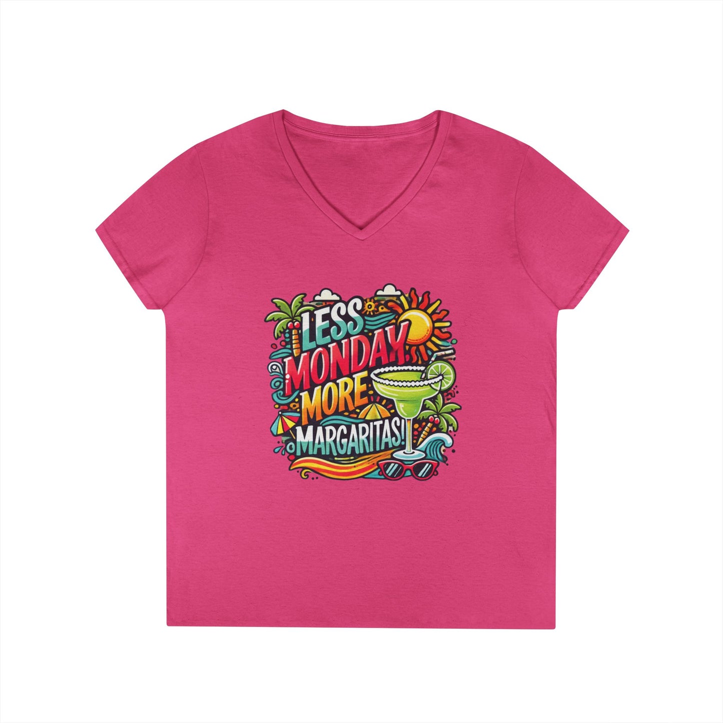 Less Monday More Margaritas Ladies' V-Neck T-Shirt, Funny Summer Cocktail Shirt, Tropical Vacation Tee for Women, Party Tee, Weekend Vibes