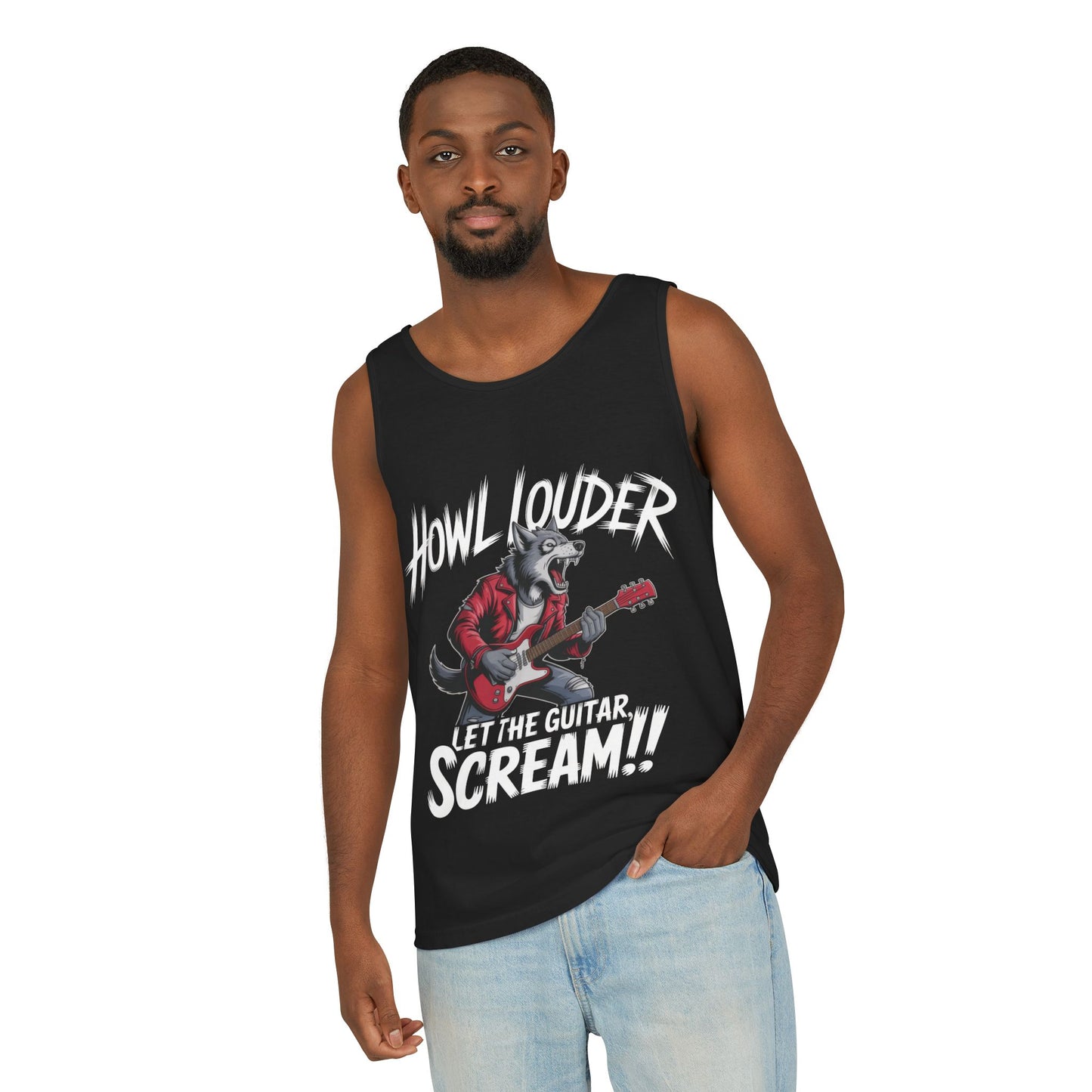 Howl Louder Wolf Tank Top, Mens Muscle Shirt, Rock Guitarist Graphic Sleeveless Tee, Wolf Workout Gym Tank, Music Lover Gift
