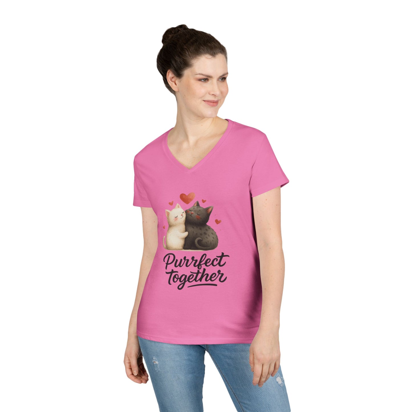 Cute Cat Love V-Neck T-Shirt, Animal Lover Gift, Valentine's Day Shirt, Cat Mom Gift, Cute Graphic Tee