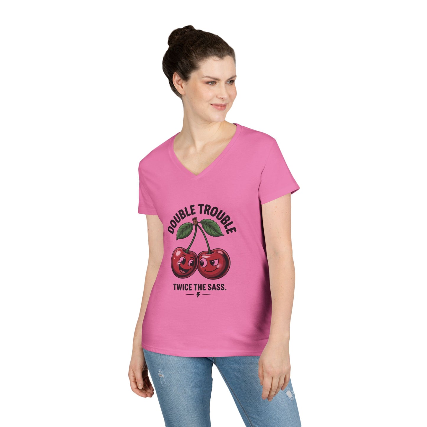 Double Trouble Cherry Ladies V-Neck T-Shirt, Funny Cute Womens T-Shirt, Twice the Sass Quote Shirt, Sassy Cherry Cartoon Gift