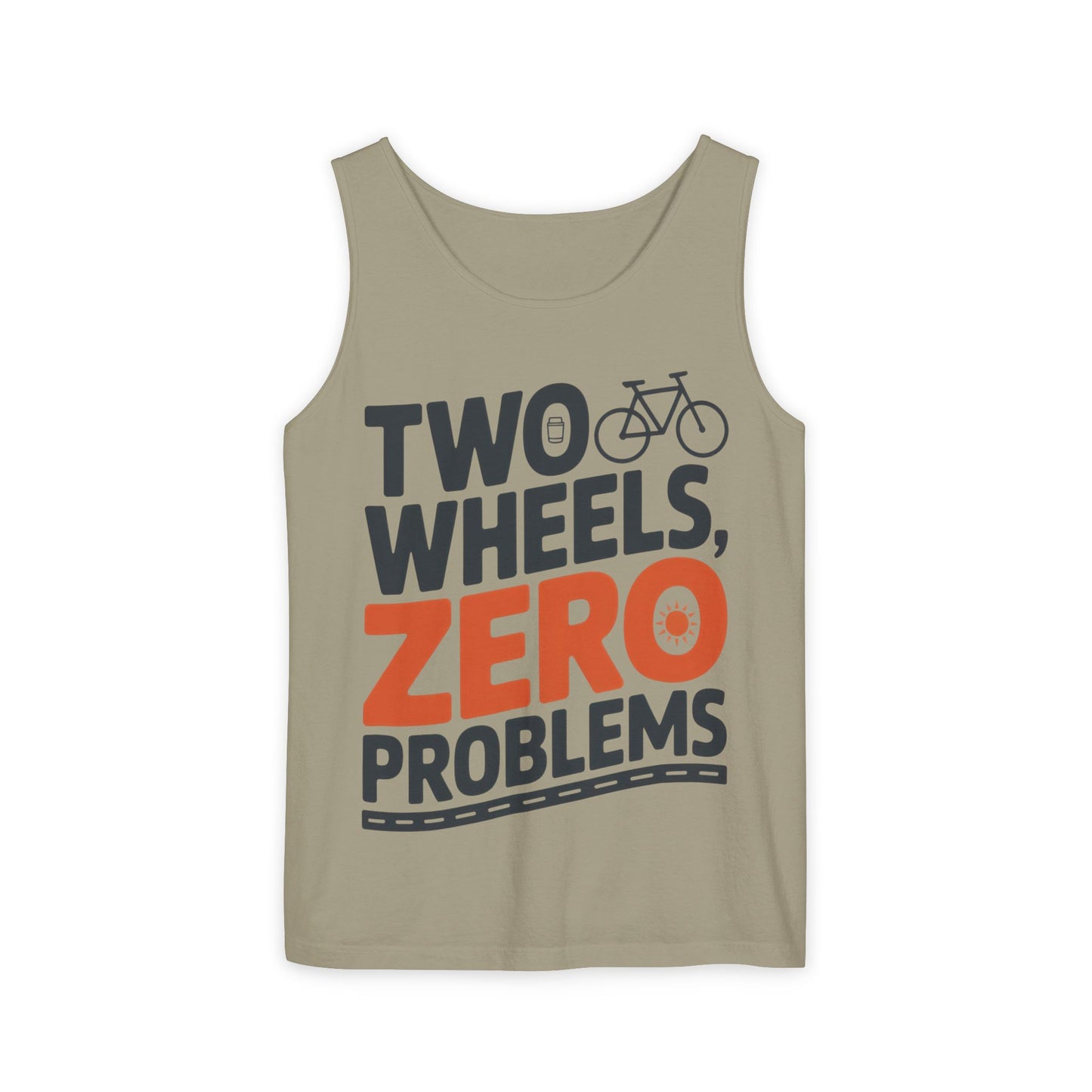 Mens Garment-Dyed Tank Top, Two Wheels Zero Problems Mens Cycling Graphic Tank, Gift for Cyclists