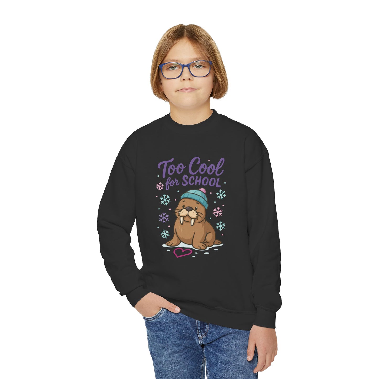 Youth Crewneck Sweatshirt, Kids Too Cool for School Walrus Sweatshirt, Funny Animal Pullover, Cute Winter Top