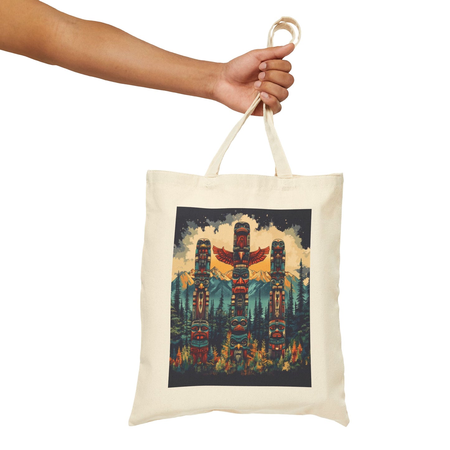 Totem Pole Canvas Tote Bag, Eco-Friendly Shopping Bag, Gift for Nature Lovers, Beach Tote, Reusable Grocery Bag, Boho Art