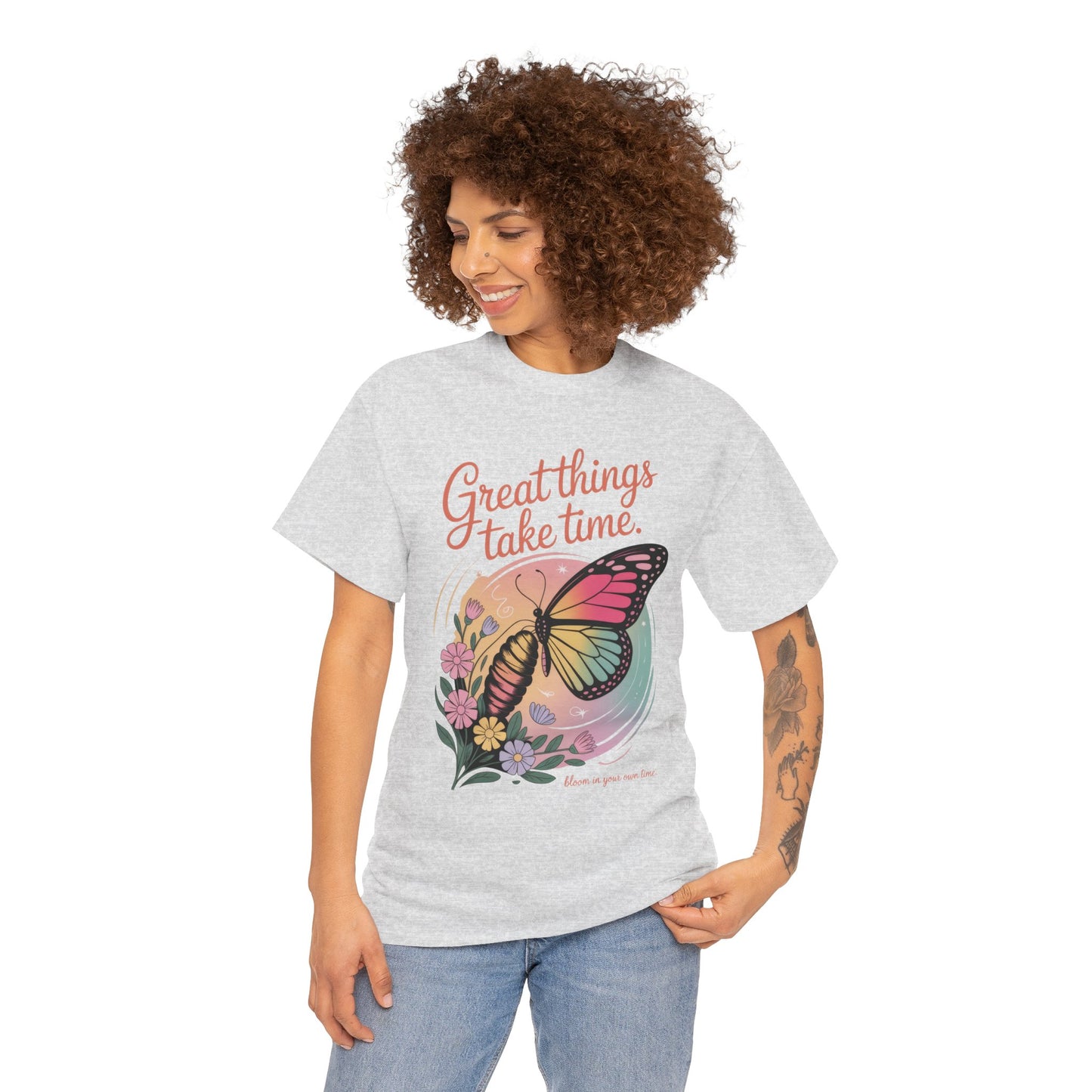 Butterfly Motivational Women's Heavy Cotton Tee, Great Things Take Time Shirt, Gift for Nature Lovers, Inspirational Apparel, Summer Outfit
