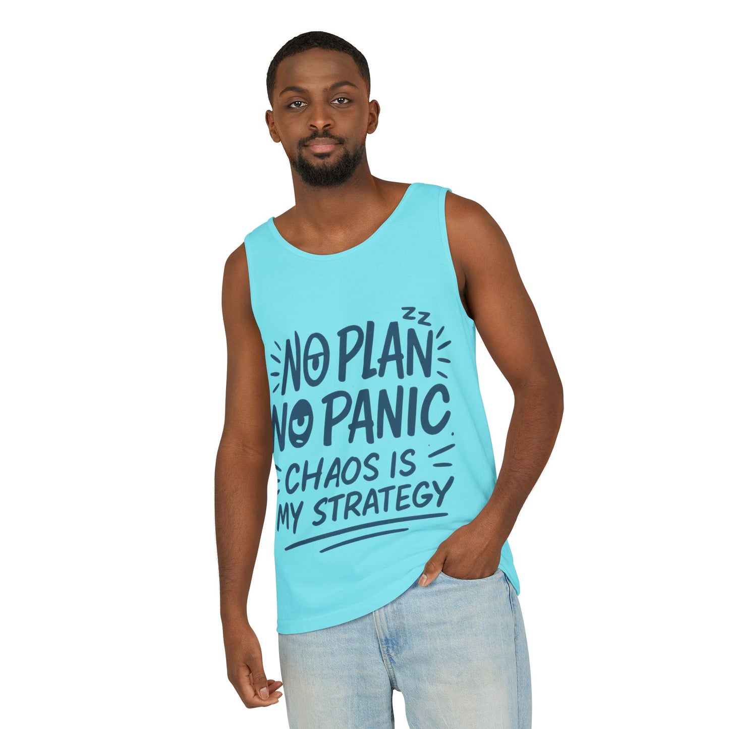 Funny Chaos Quote Mens Tank Top, No Plan No Panic Humor Shirt, Casual Graphic Tee Gift for Him, Relaxed Fit, Workout Gym Humor Shirt