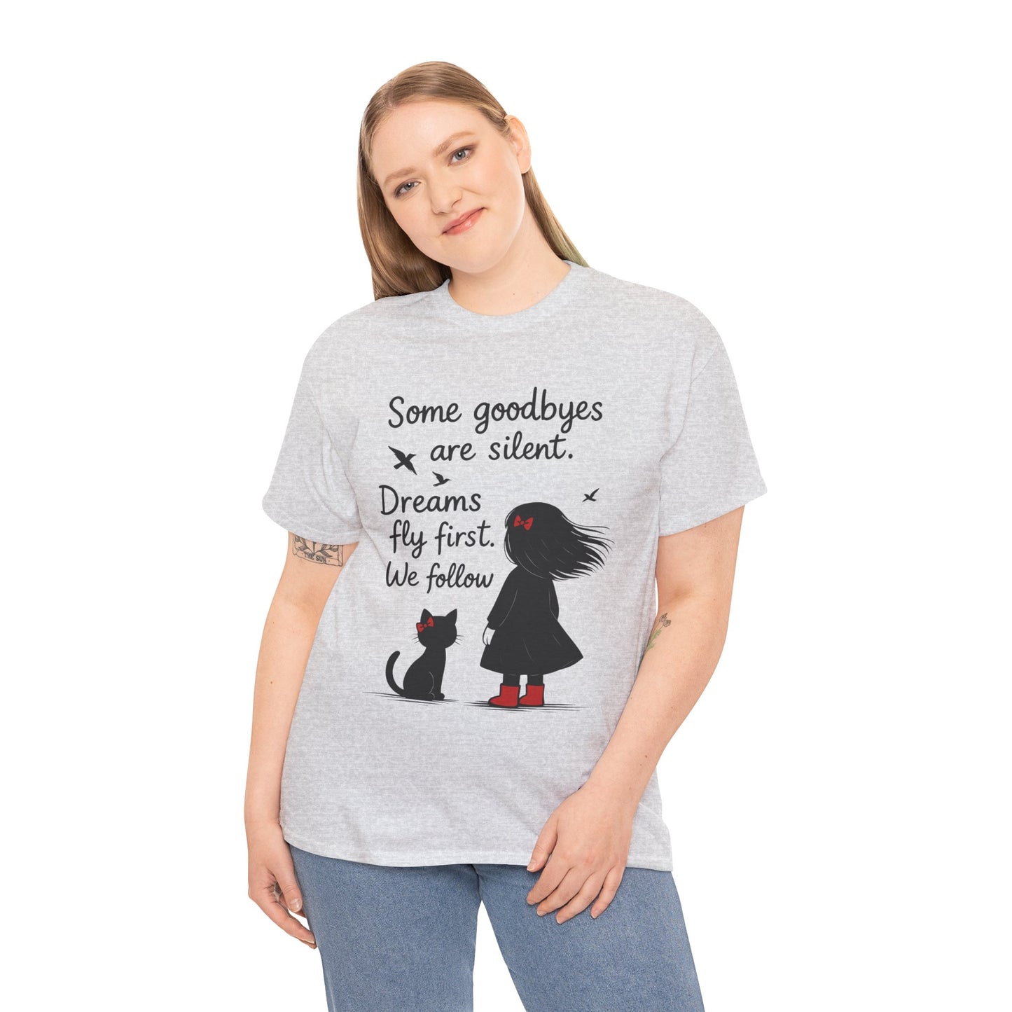 Emotional Hand Drawn Womens T-Shirt, Minimalist Red Dress Girl and Cat Graphic Tee, Cat Lover Gift