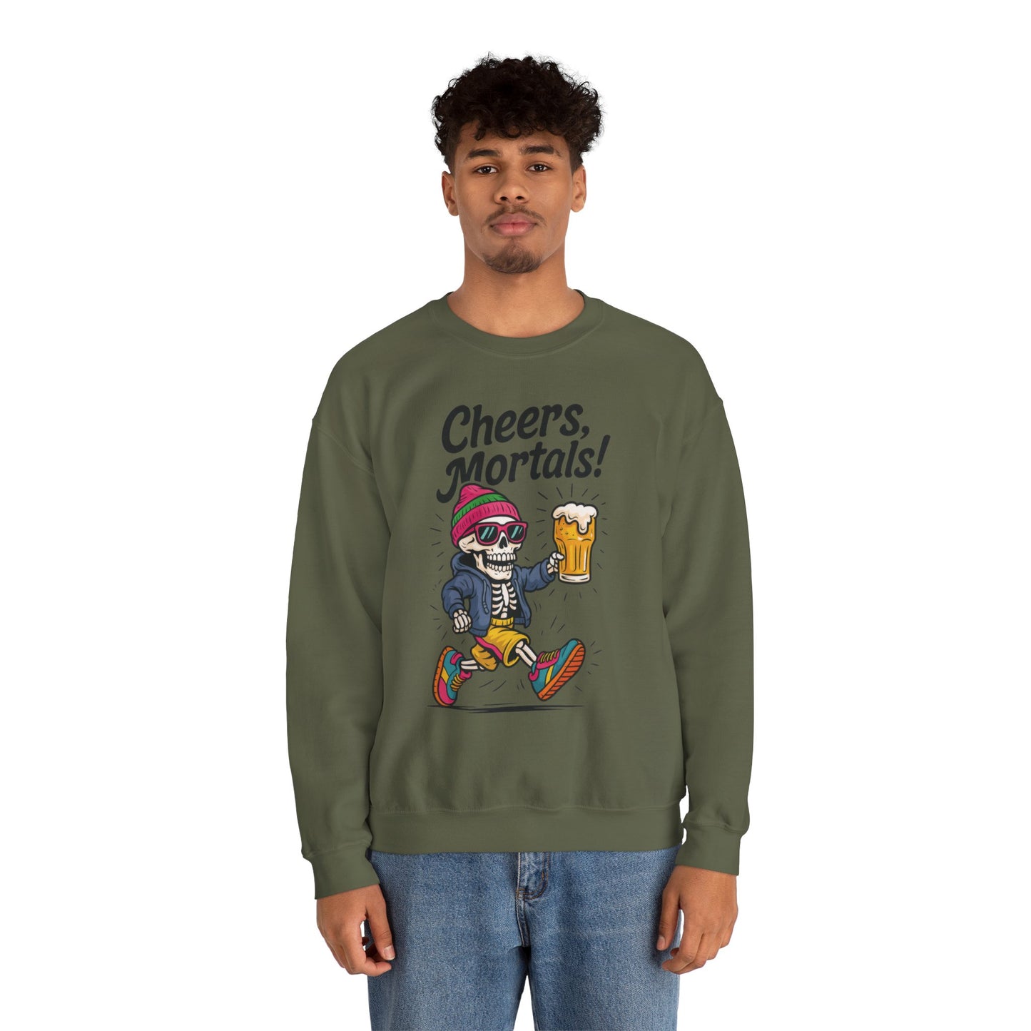 Cheers Mortals! Mens Crewneck Sweatshirt, Skeleton Beer Pullover with Hood, Drinking Humor Sweatshirt, Party Gift for Him, Halloween Apparel