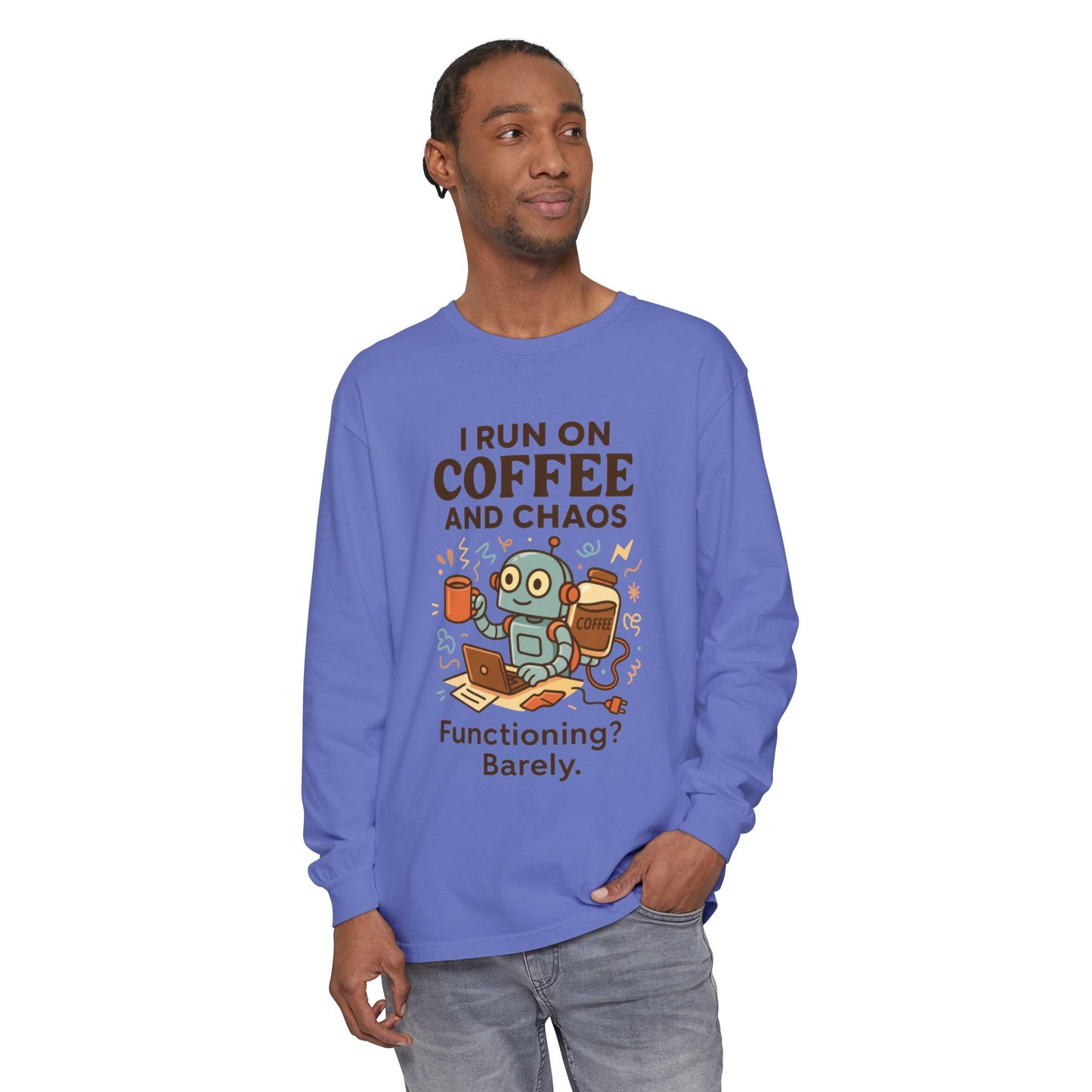 Coffee Chaos Long Sleeve Tee, Funny T-Shirt, Quirky Gift for Coffee Lovers, Unisex Top for Busy Lives, Work from Home Humor Tee