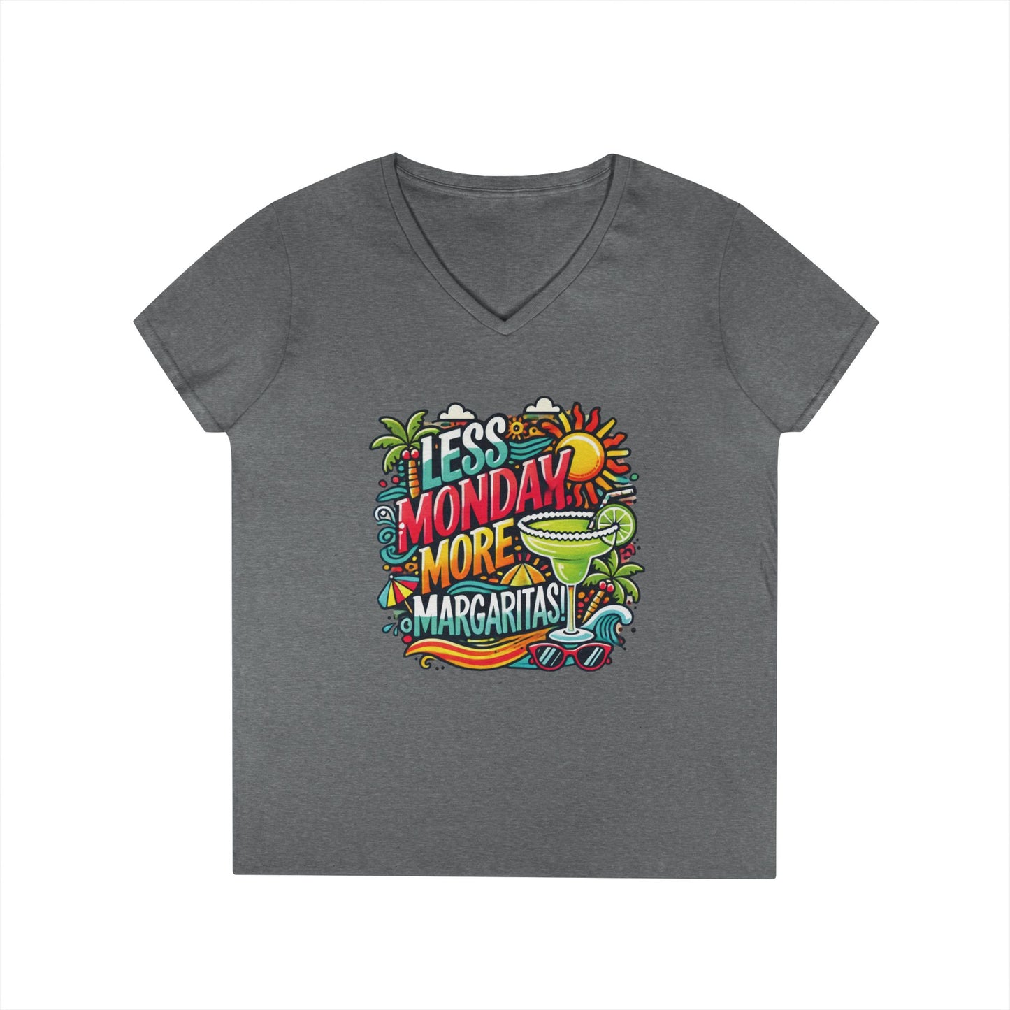 Less Monday More Margaritas Ladies' V-Neck T-Shirt, Funny Summer Cocktail Shirt, Tropical Vacation Tee for Women, Party Tee, Weekend Vibes