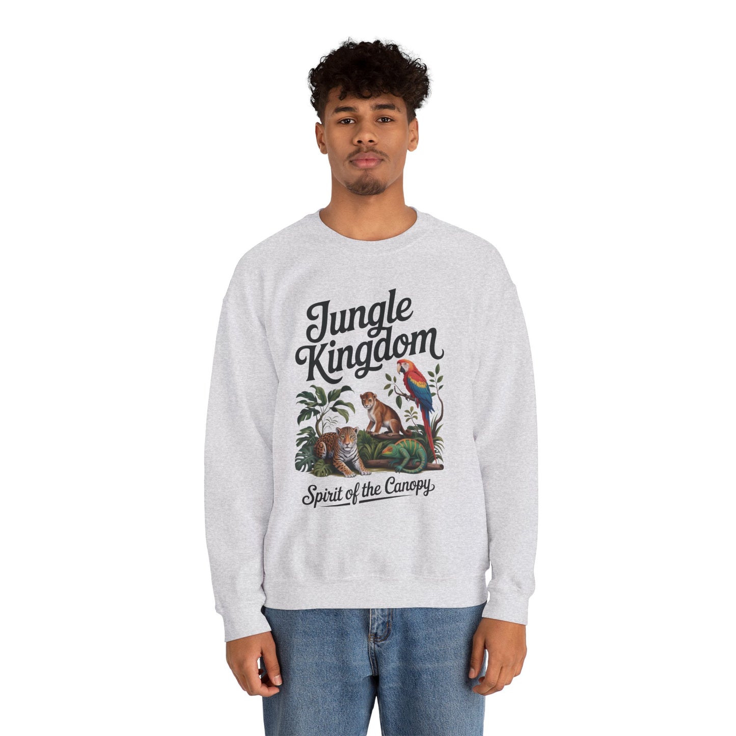 Jungle Kingdom Mens Sweatshirt, Cozy Jungle Crewneck, Nature Lover Gift, Wildlife Artwork, Eco-Conscious Apparel, Animal Enthusiast Clothing