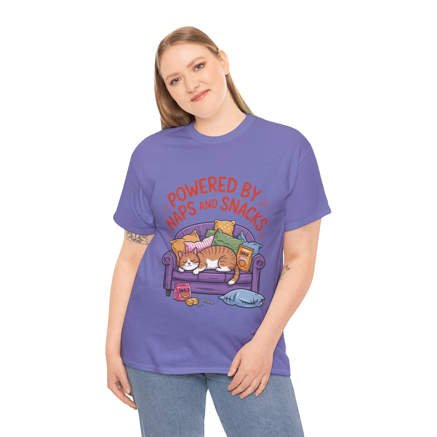Powered by Naps and Snacks Cat T-Shirt, Funny Lazy Cat Lover Womens Tee, Cute Humor Shirt, Cozy Gift for Her, Cozy Cat Lover T-Shirt