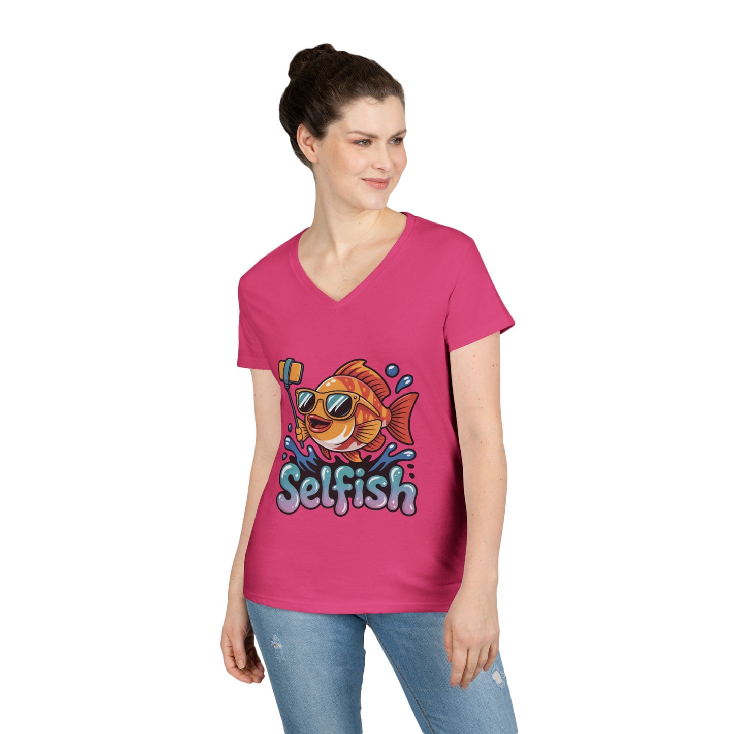 Ladies' V-Neck T-Shirt, Funny Selfie Fish Graphic Womens Tee, Playful Pun Gift for Her, Summer Vibes, Unique Beach Shirt, Outdoor Adventures