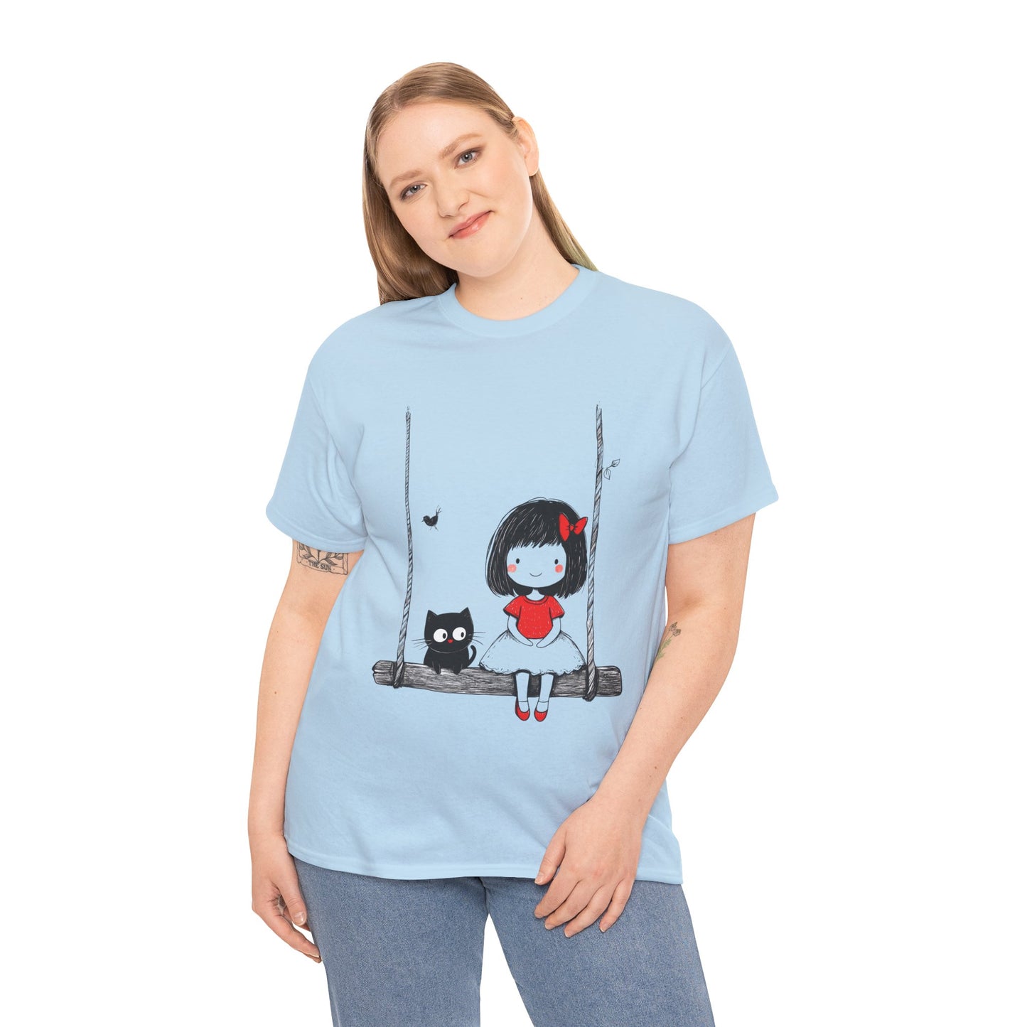 Cute Cat & Girl Graphic Tee, Playful Gift for Cat Lovers, Cat and Girl Design, Gift for Cat Owners, Women's Cotton T-Shirt