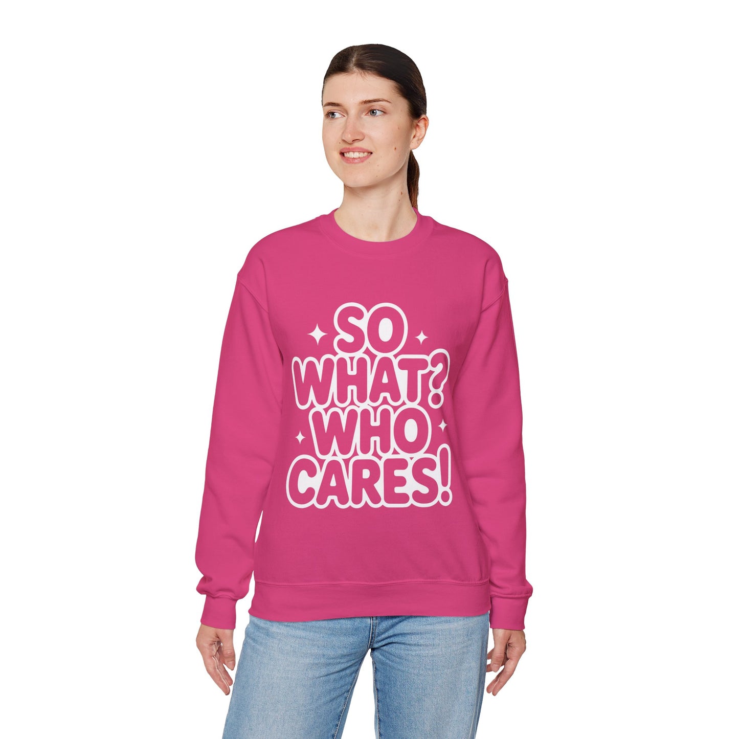 Trendy Womens Crewneck Sweatshirt with 'So What? Who Cares!' Print, Funny Typography Sweater, Sassy Graphic Sweater for Women
