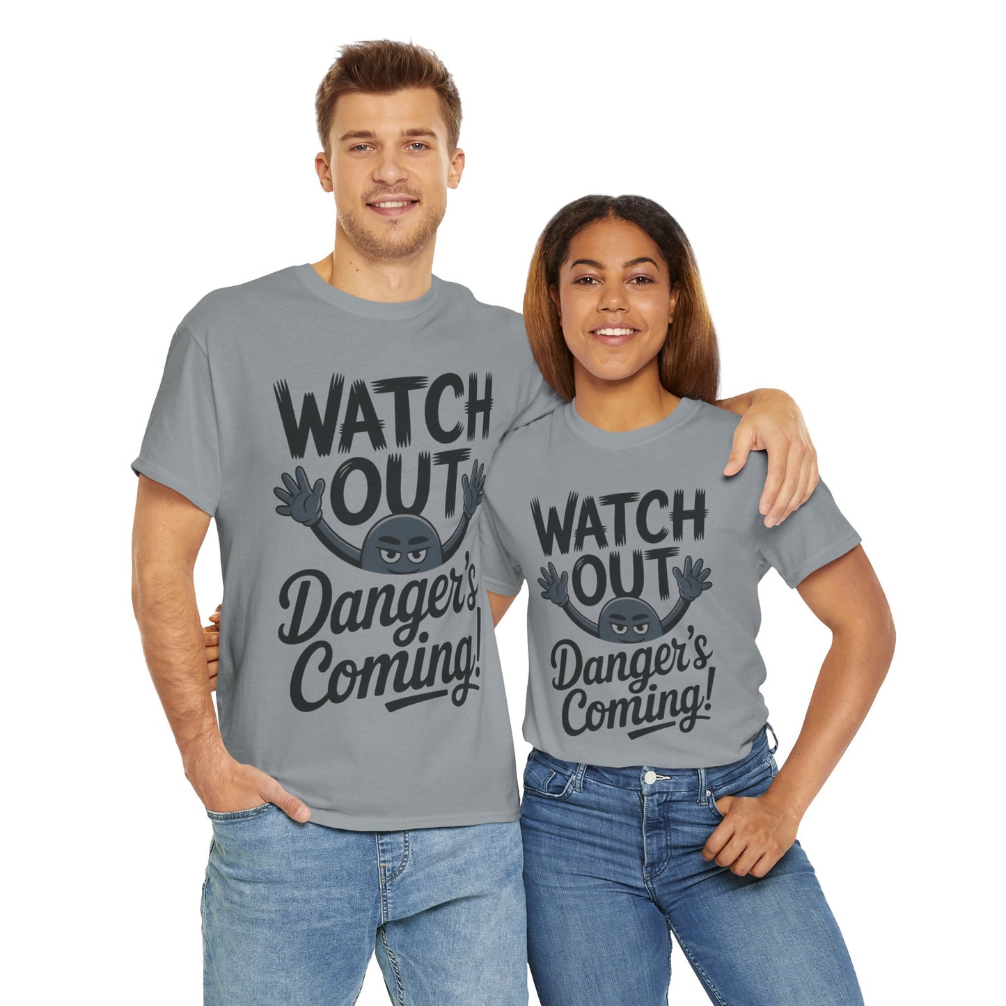 Funny "Watch Out" Cartoon Character T-Shirt, Sketch Style Unisex Heavy Cotton Tee, Minimalist Humorous Graphic Tee, Gift for Him/Her