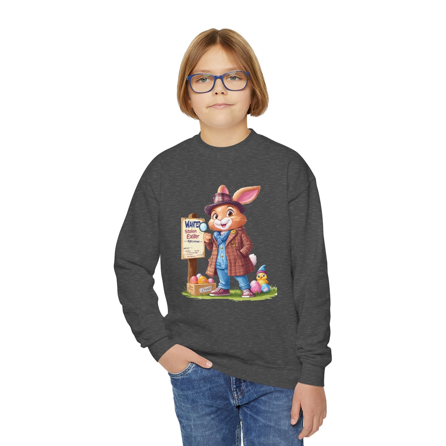 Easter Bunny Detective Kids Sweatshirt - Fun Egg Hunt Design, Cute Spring Holiday Outfit, Youth Crewneck for Boys & Girls, Easter Gift