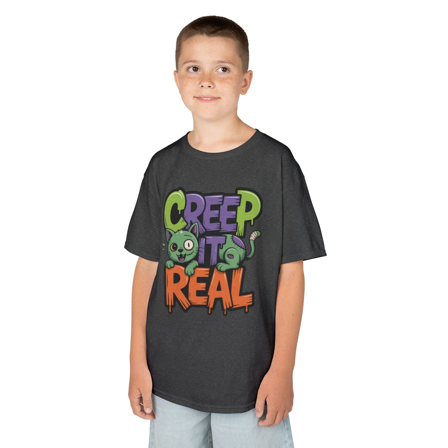 Creep It Real Kids Halloween Shirt, Cute Zombie Cat Graffiti Style T-Shirt for Boys & Girls