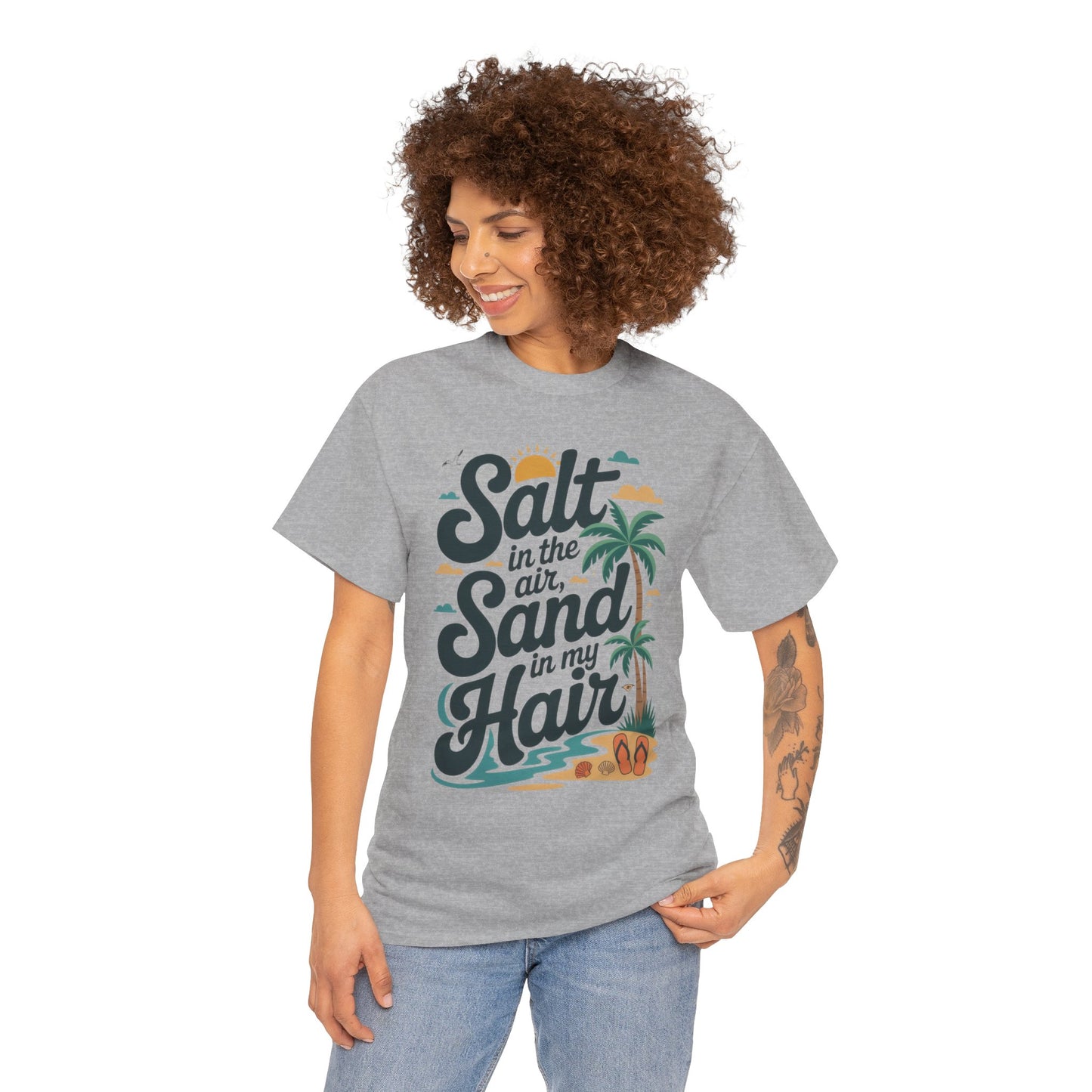 Salt in the Air Sand in My Hair Shirt, Beach Summer Vibes Graphic T-Shirt, Tropical Ocean Palm Design, Ocean-Themed Shirt, Gift Beach Lovers