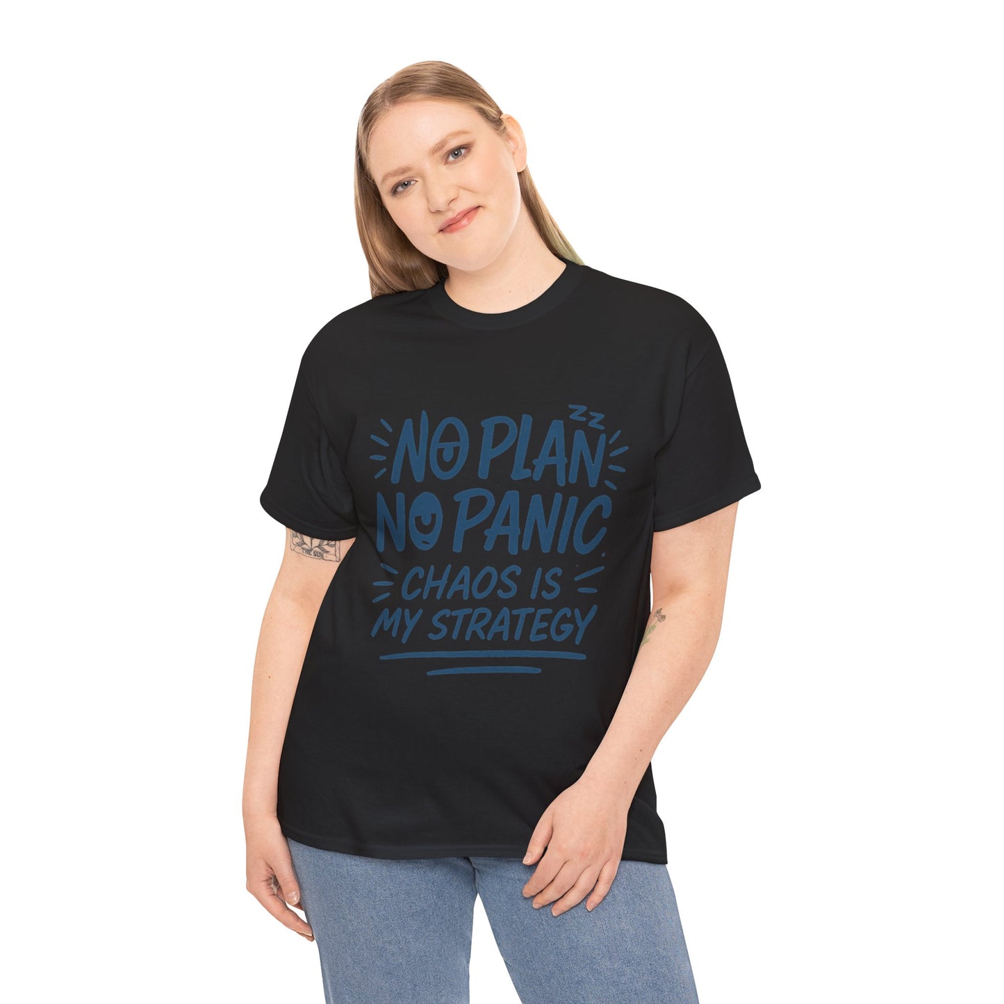 Funny Chaos Strategy T-Shirt, No Plan No Panic Quote Shirt, Cute Tee for Women, Humorous Gift Idea, Casual Relaxed Fit Top