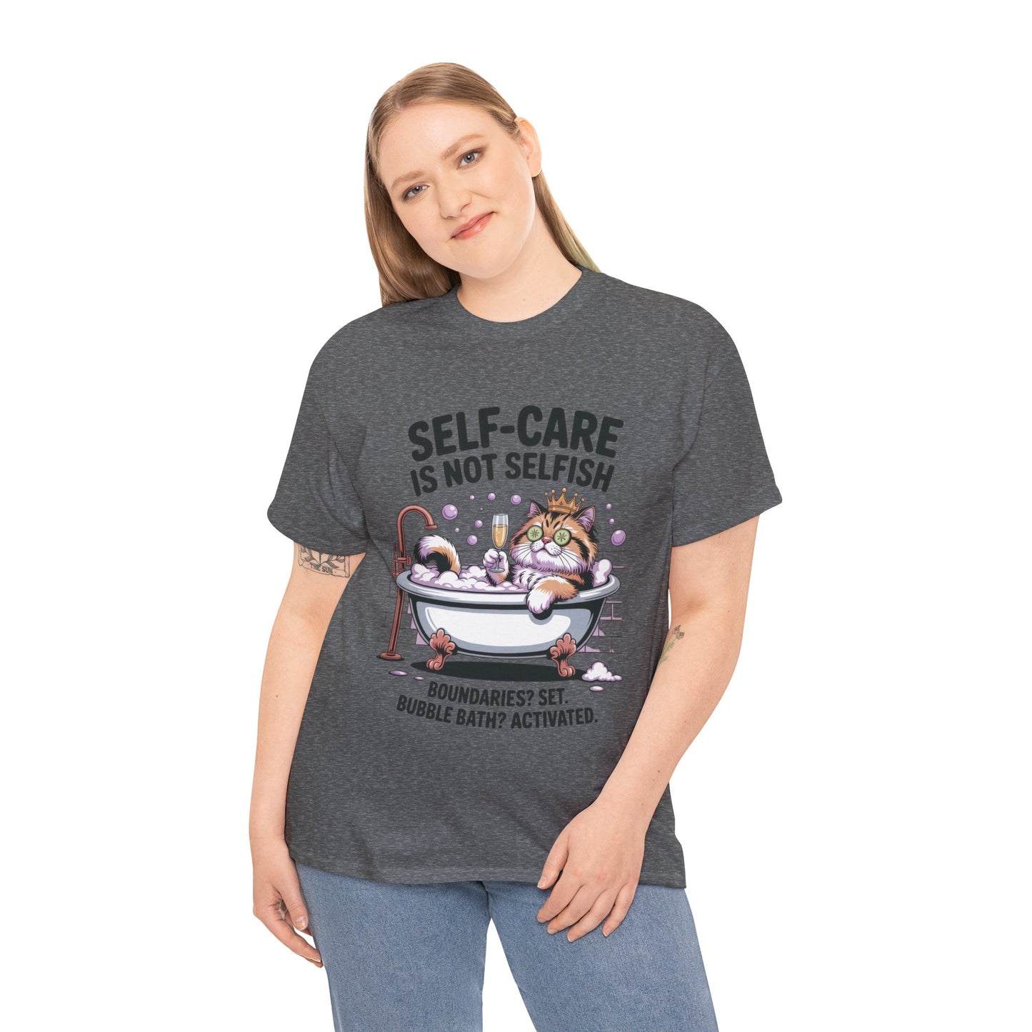 Womens Heavy Cotton Tee, Self-Care Cat Shirt, Funny Cat Bubble Bath Tee, Relaxing Kitty Graphic, Self Care Is Not Selfish Womens T-Shirt