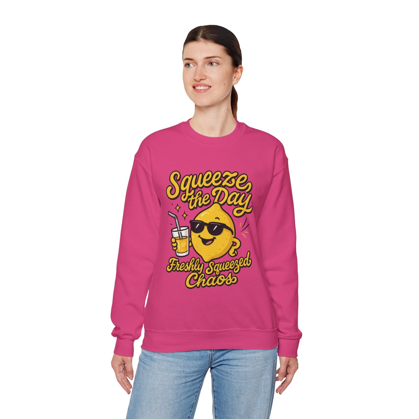 Funny Lemon Womens Sweatshirt - Squeeze The Day Freshly Squeezed Chaos Cozy Pullover - Citrus Positive Crewneck Sweatshirt, Cheerful Fashion