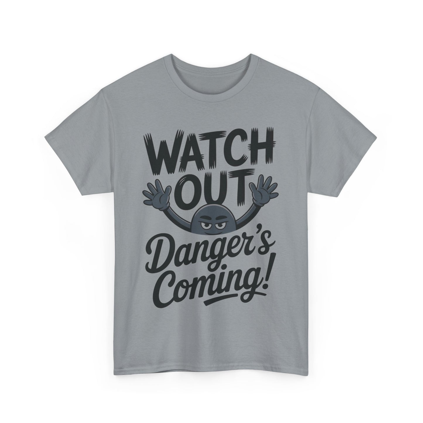 Funny "Watch Out" Cartoon Character T-Shirt, Sketch Style Unisex Heavy Cotton Tee, Minimalist Humorous Graphic Tee, Gift for Him/Her
