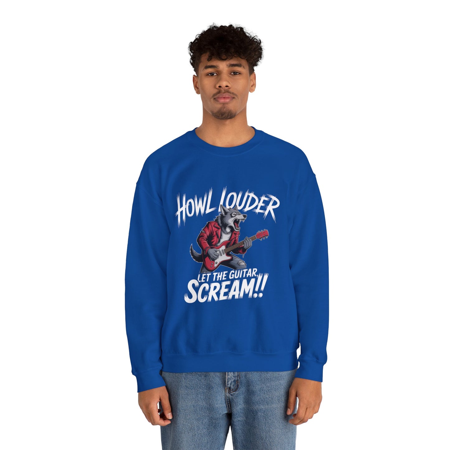 Howl Louder Wolf Sweatshirt, Let The Guitar Scream Pullover, Rock Guitar Animal Hoodie, Rocking Wolf Crewneck Sweatshirt, Music Lover Gift