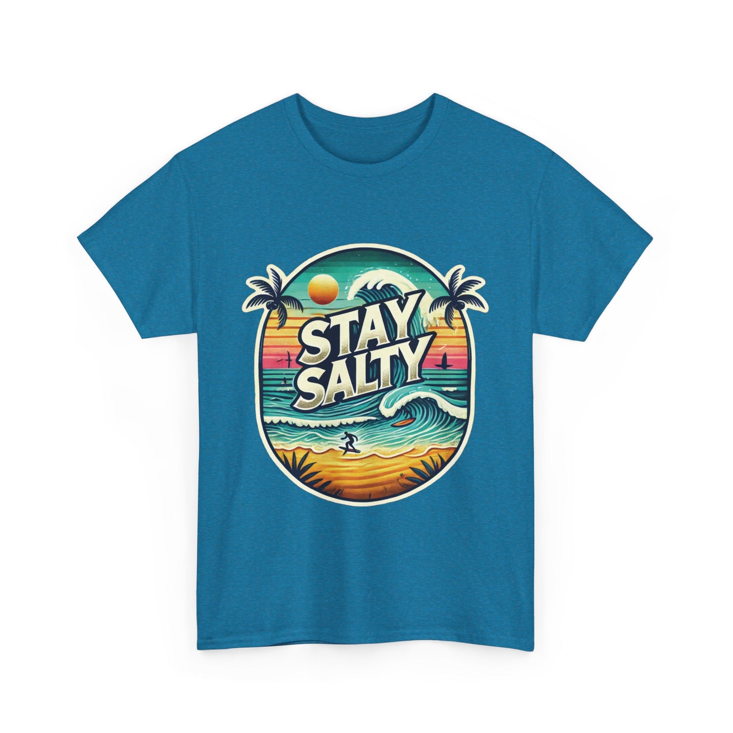 Stay Salty Retro Surf Unisex Heavy Cotton Tee, Vintage Beach Sunset Graphic T-Shirt, Summer Ocean Wave Surfer Shirt, Ocean Lover Gift
