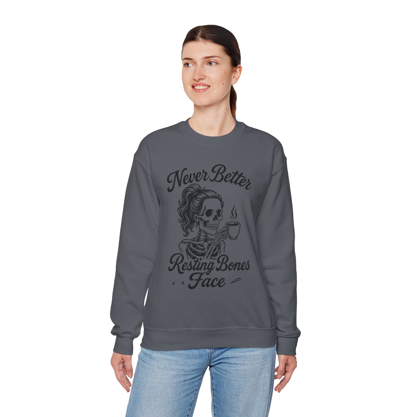 Skull Coffee Lovers Crewneck Sweatshirt, Womens, Perfect for Halloween, Cozy Outfit, Gift for Friends, Relaxing Days, Coffee Enthusiasts