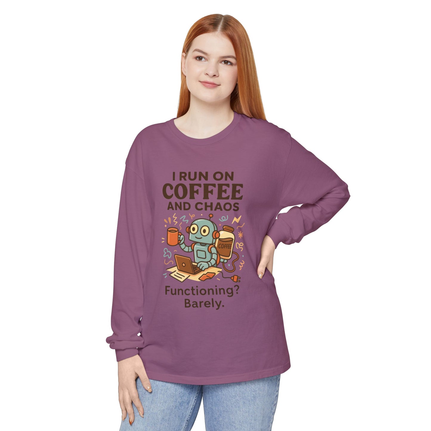 Coffee Chaos Long Sleeve Tee, Funny T-Shirt, Quirky Gift for Coffee Lovers, Unisex Top for Busy Lives, Work from Home Humor Tee