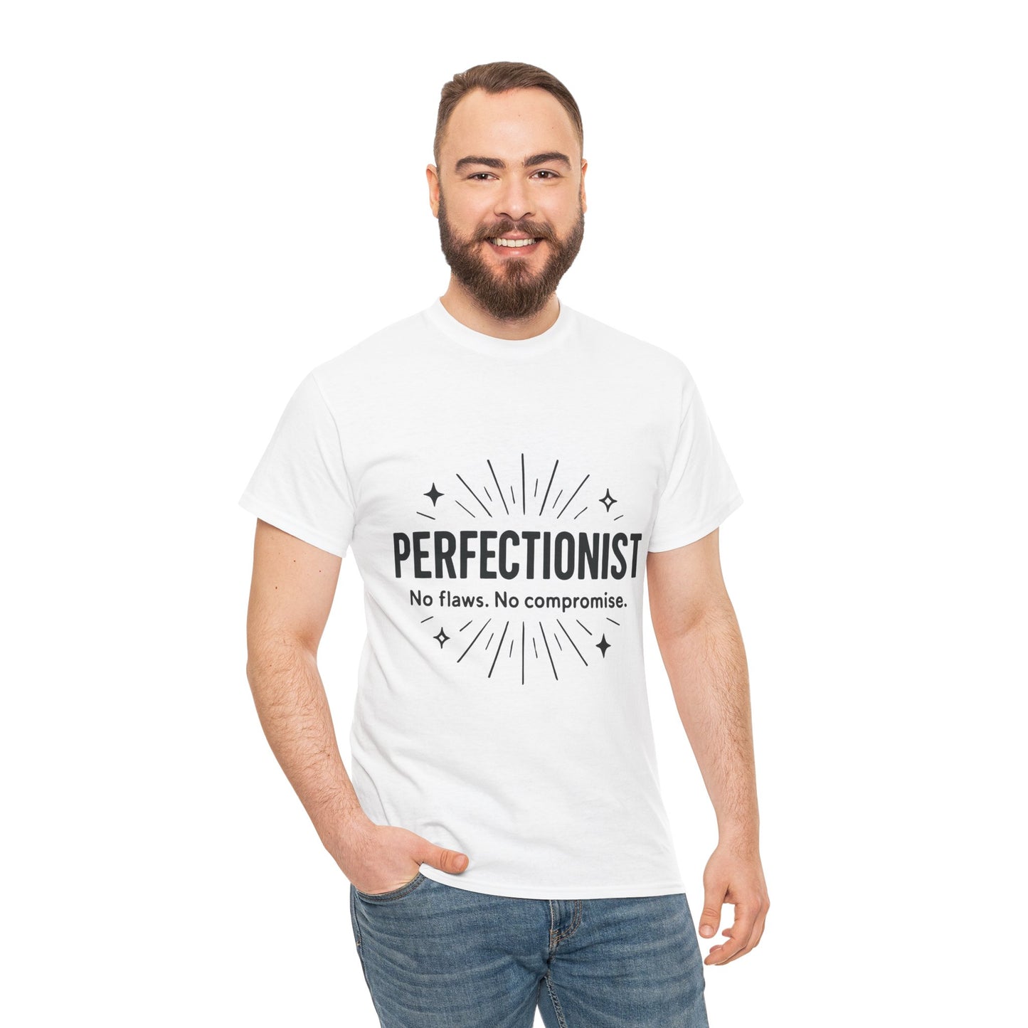 Mens Perfectionist T-Shirt, No Flaws No Compromise, Minimal Bold Graphic Tee, Gift for OCD, Clean Freak, or Detail-Oriented Men