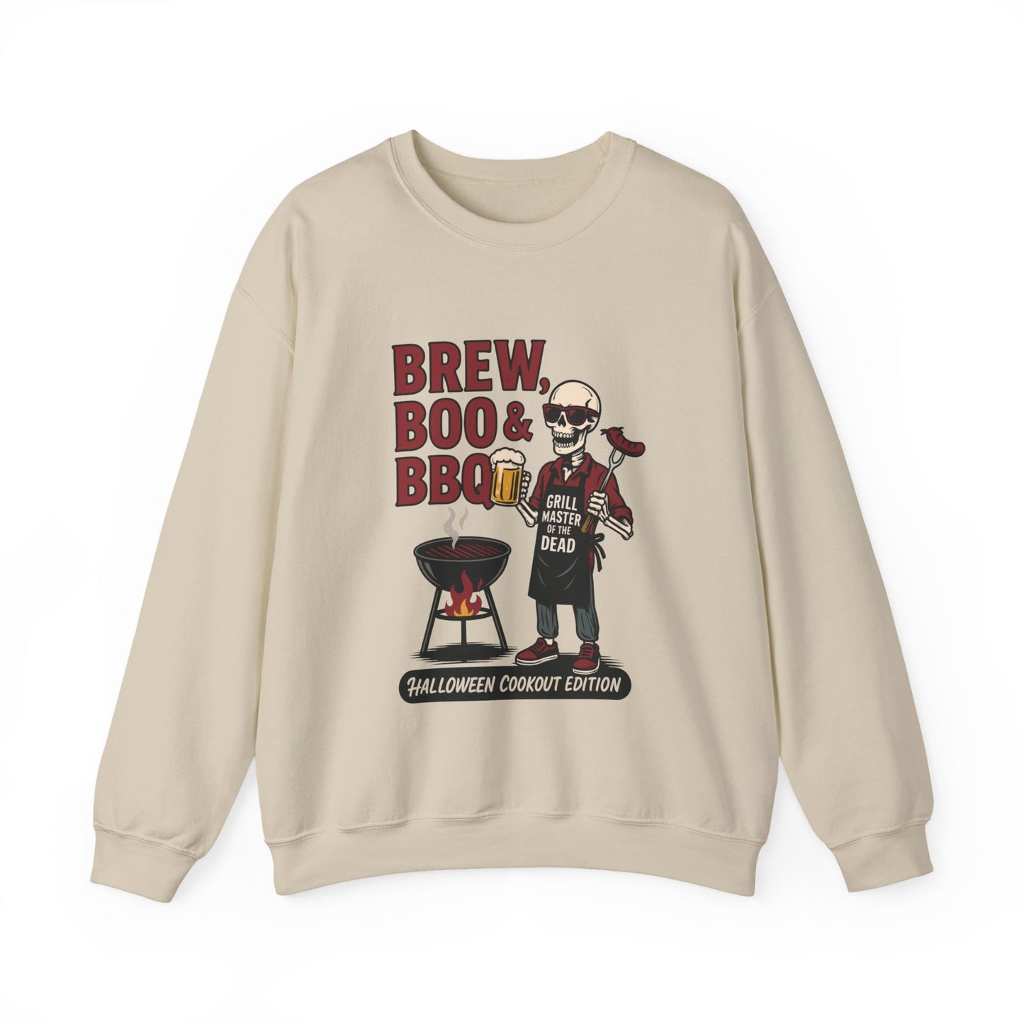 Halloween BBQ Men's Sweatshirt, Brew Boo & BBQ Skeleton Grill Master, Spooky Dad Gift, Skeleton Dad Sweat, Grill Master Crew