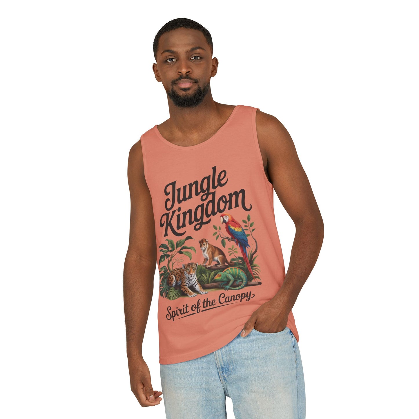 Jungle Kingdom Tank Top, Mens Garment-Dyed Sleeveless Shirt, Spirit of the Canopy Tee, Summer Outfit, Eco-Friendly Casual Wear
