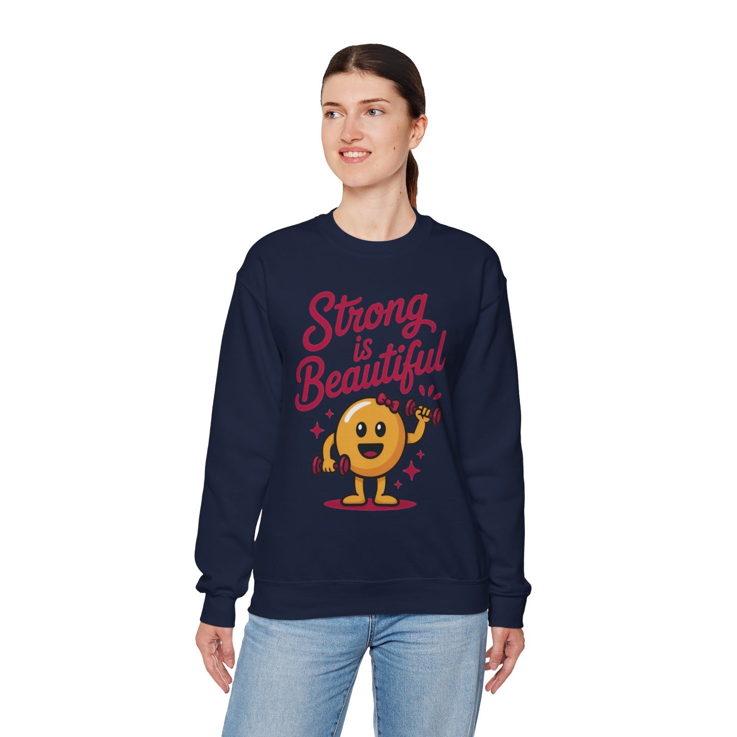 Strong is Beautiful Womens Crewneck Sweatshirt, Cute Fitness Graphic Pullover, Gym and Workout Motivation Sweater, Gift for Fitness Lovers