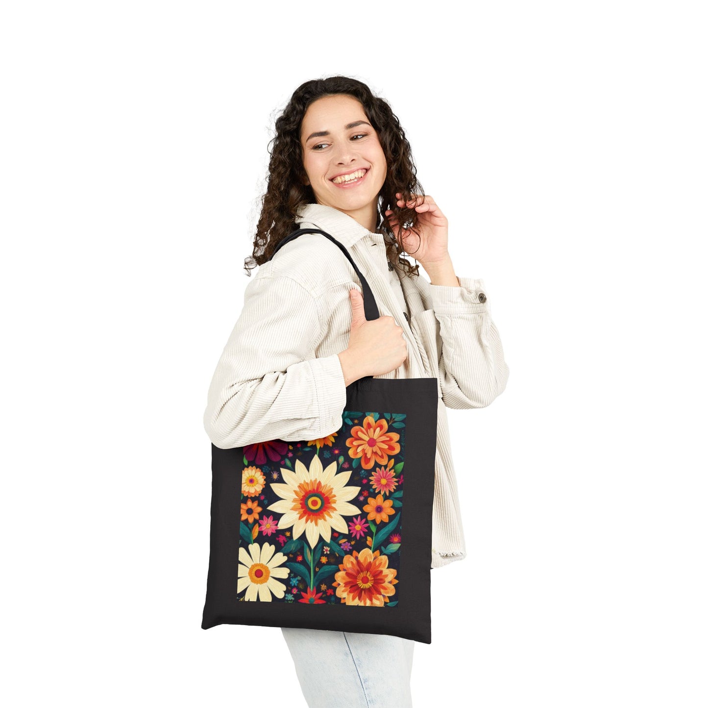 Floral Cotton Canvas Tote Bag, Eco-Friendly Shopping Bag, Reusable Grocery Tote, Boho Chic Gift, Market Bag with Flower Design