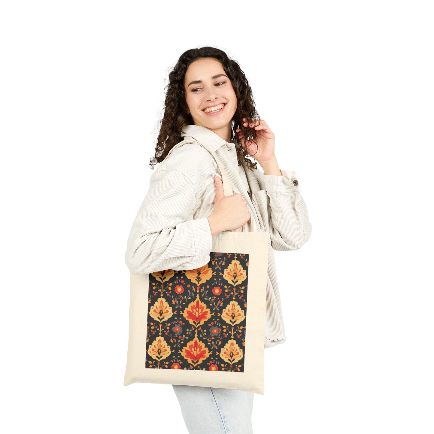 Chic Floral Cotton Canvas Tote Bag, Eco-Friendly Shopping Bag, Gift for Her, Reusable Grocery Tote, Traditional Turkish Carpet Pattern