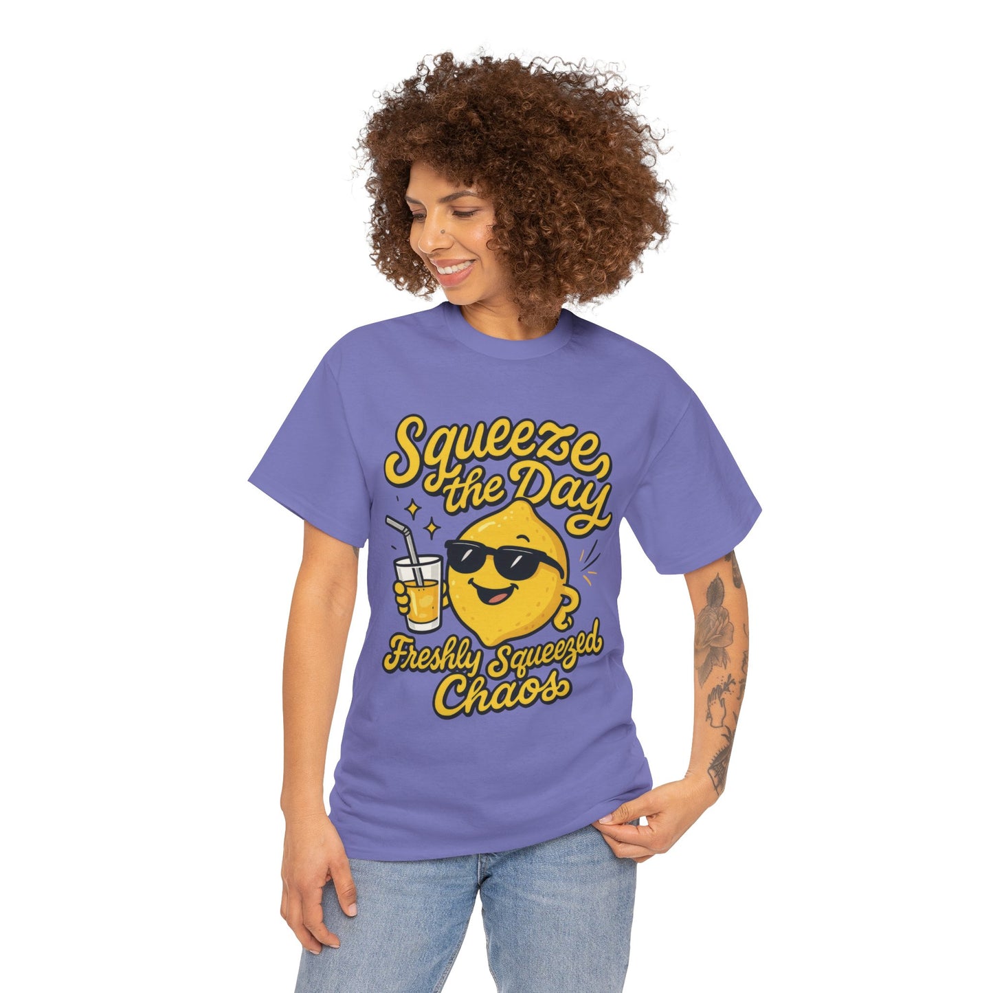 Funny Lemon Shirt for Women - Squeeze The Day Freshly Squeezed Chaos Tee - Cute Positive Citrus Graphic Tee, Fun Summer Tee for Beach Vibes