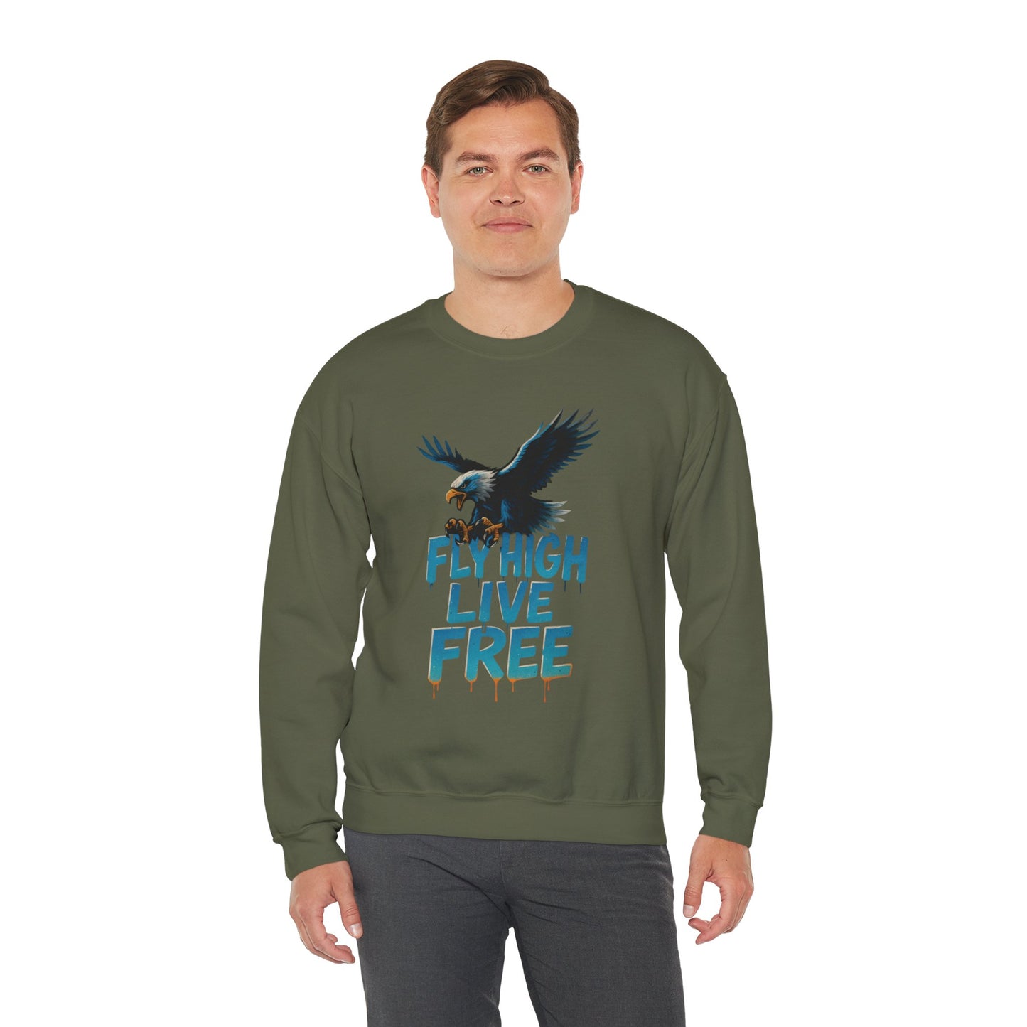 Mens Heavy Blend™ Crewneck Sweatshirt, Fly High Live Free Mens Eagle Graphic Sweatshirt