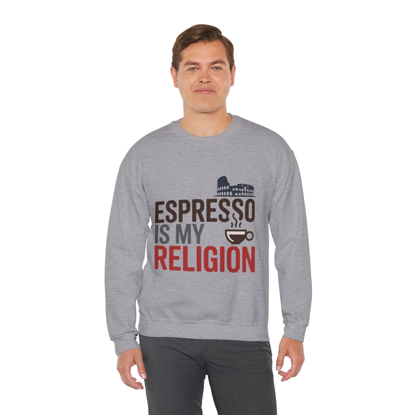 Mens Heavy Blend™ Crewneck Sweatshirt, Espresso Is My Religion Coffee Rome Mens Sweatshirt, Barista Gift, Coffee Lover Gift