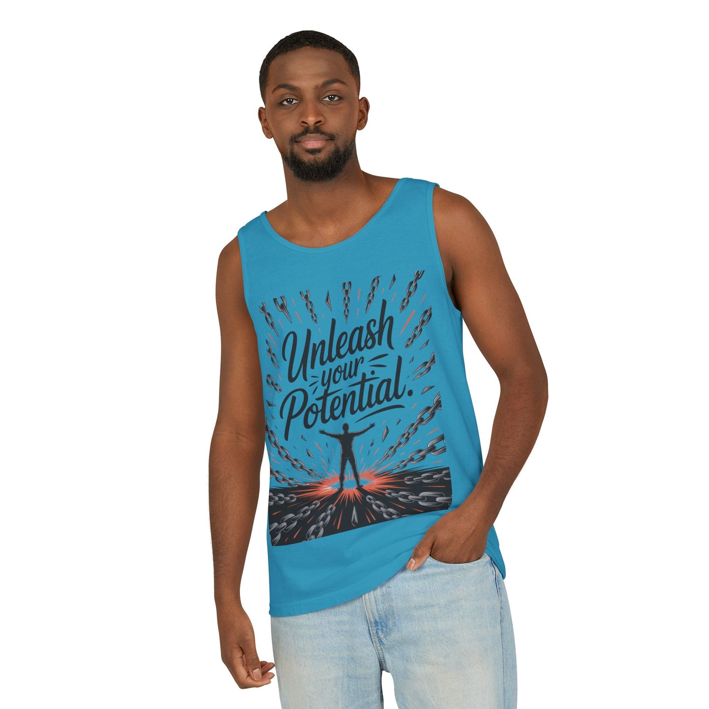 Men's Motivational Tank Top, "Unleash Your Potential" Graphic, Inspirational Gym Wear, Fitness Apparel, Summer Top, Gift for Him