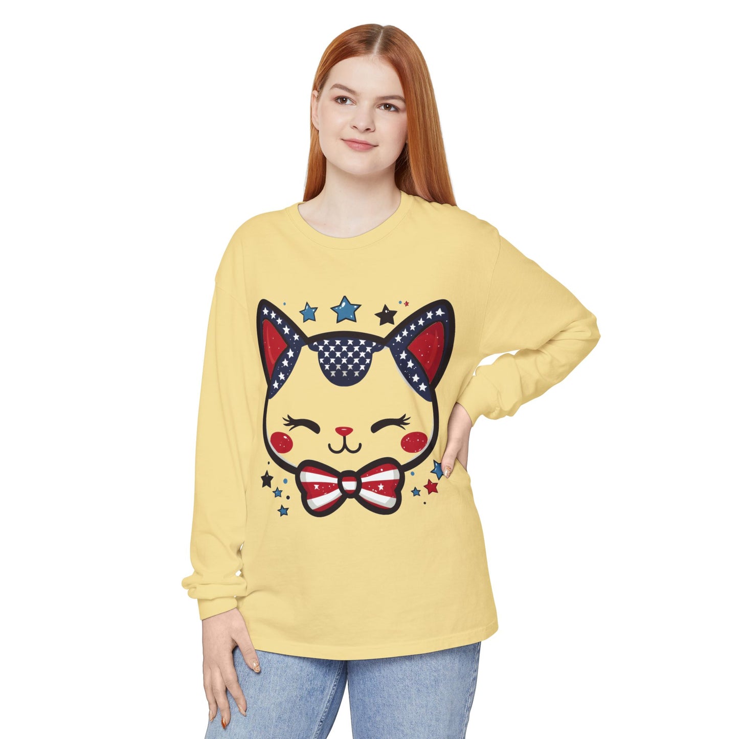 Cute Patriotic Cat Long Sleeve Women's T-Shirt, Fourth of July, Cat Lovers Gift, Casual Wear, Perfect for Holidays and Celebrations