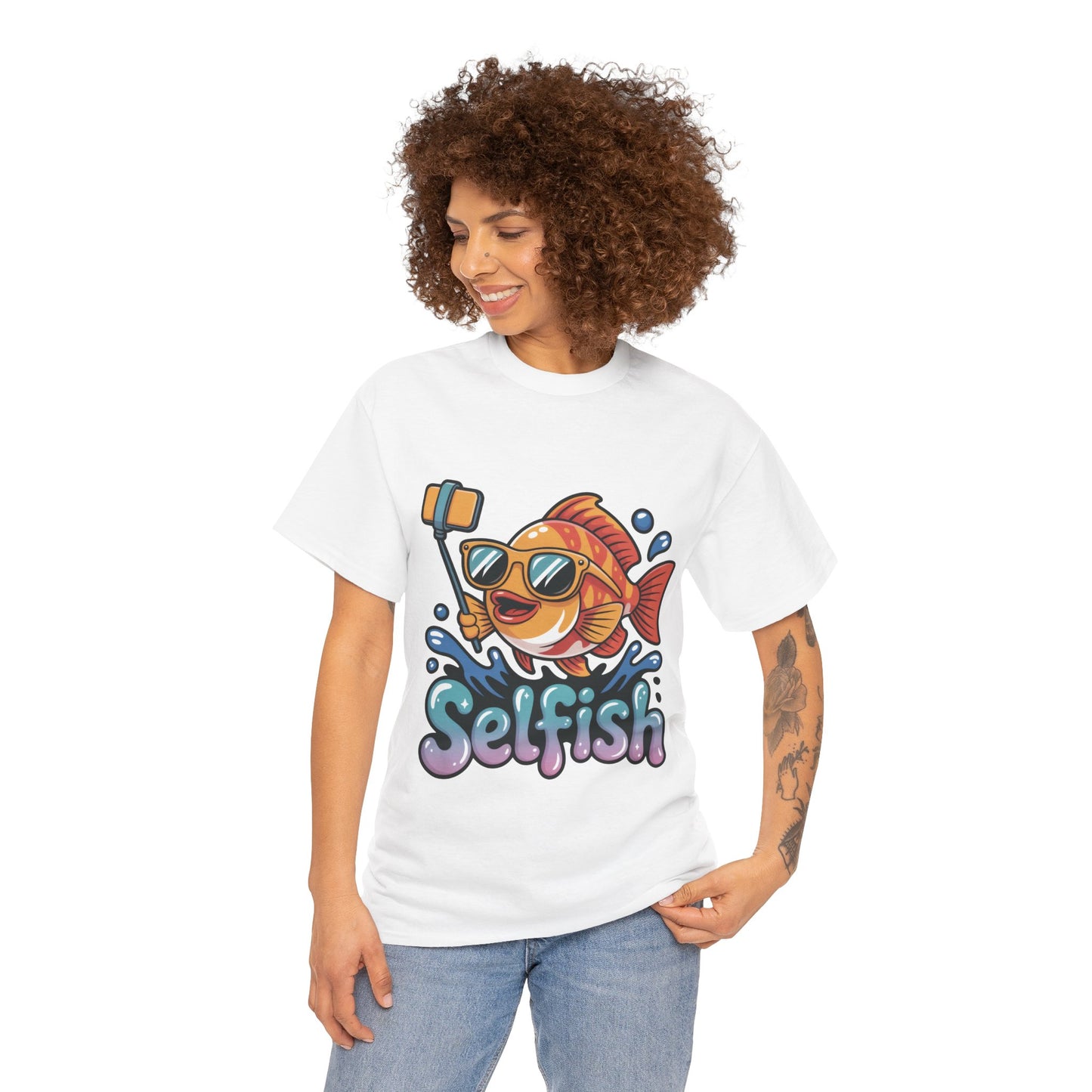 Funny Selfie Fish Graphic Womens T-Shirt, Playful Pun Gift for Her, Summer Vibes, Unique Beach Shirt, Outdoor Adventures