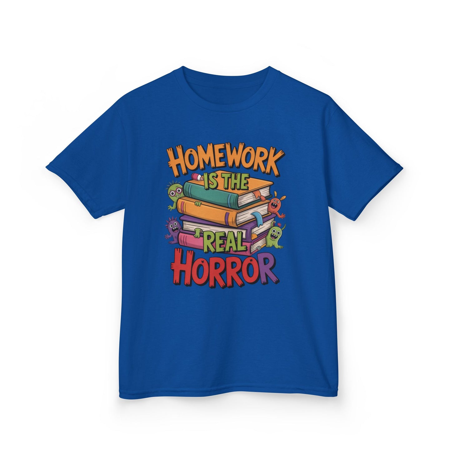 Kids Funny Homework Tee, Cute Monster School Shirt, Homework Is the Real Horror, Back to School Gift for Boys & Girls, Kids Halloween Tee