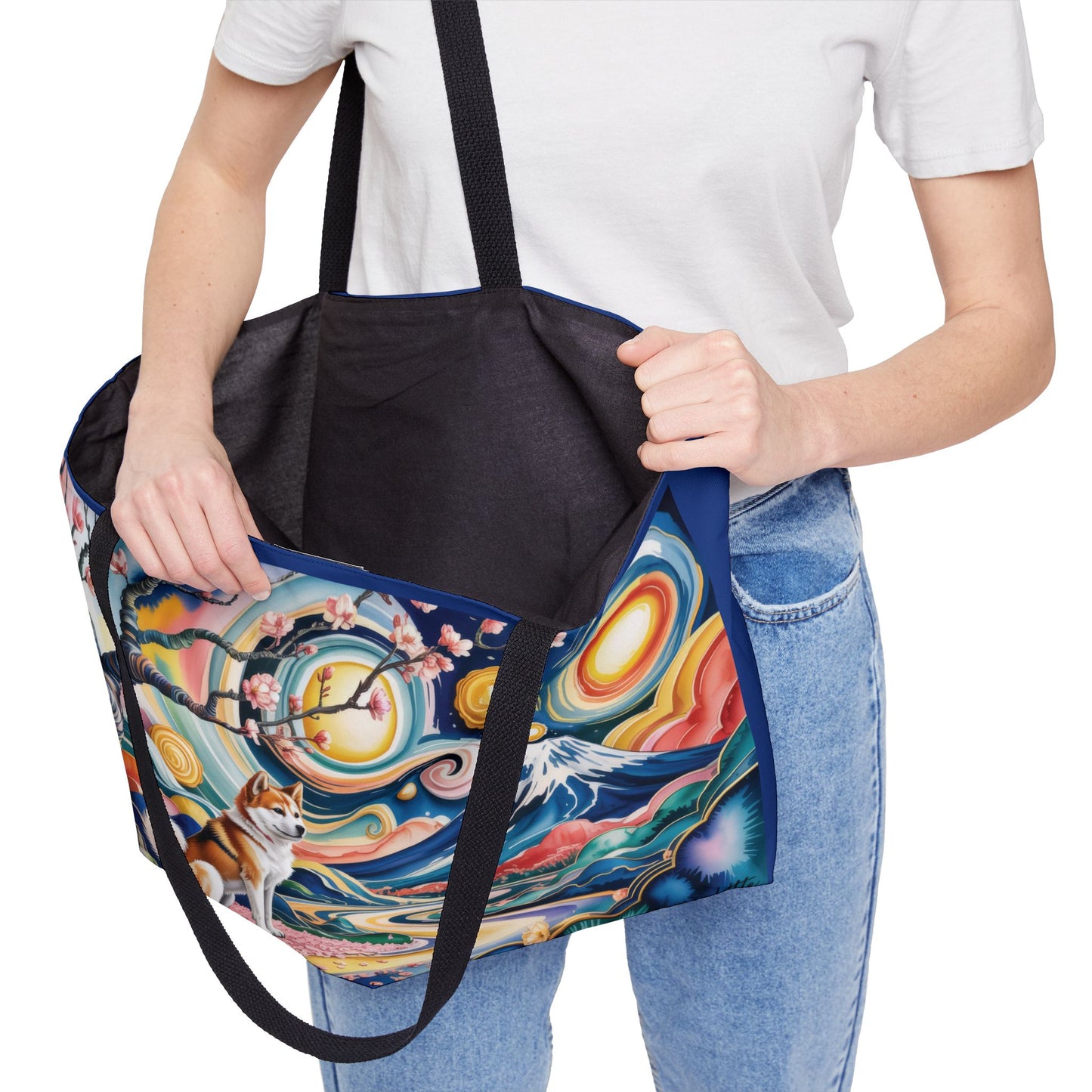 Colorful Shiba Inu Weekender Bag, Japanese Art Beach Tote, Large Travel Bag with Mt Fuji and Sakura, Dog Lover Gift, Summer Tote Bag