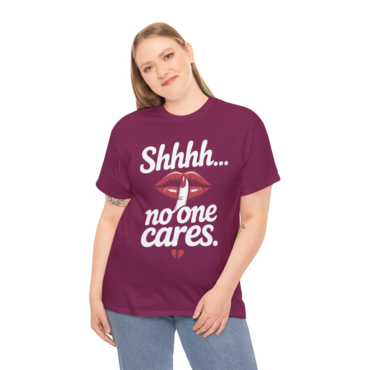 Shhh No One Cares Shirt, Sassy Funny Graphic Tee for Women, Sarcastic Lips Tank Top, Bold Attitude T-Shirt, Tee with Bold Statement Design