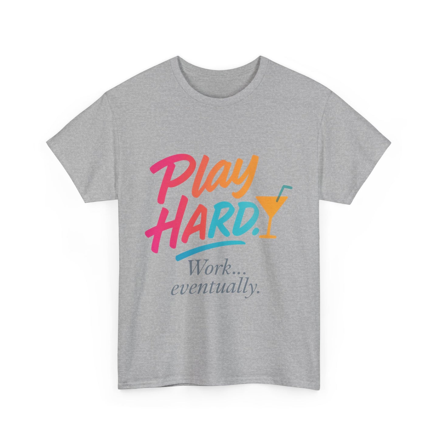Play Hard Work Eventually T-Shirt, Funny Cocktail Graphic Tee, Pink Womens Party Shirt, Relaxed Vacation Top
