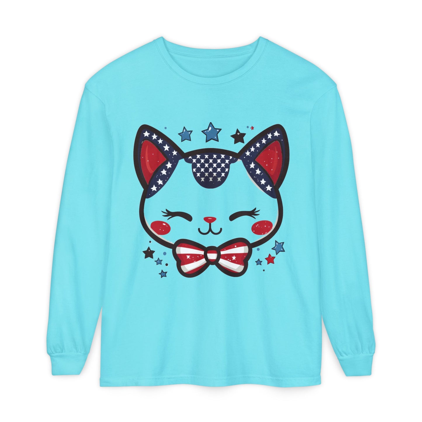 Cute Patriotic Cat Long Sleeve Women's T-Shirt, Fourth of July, Cat Lovers Gift, Casual Wear, Perfect for Holidays and Celebrations