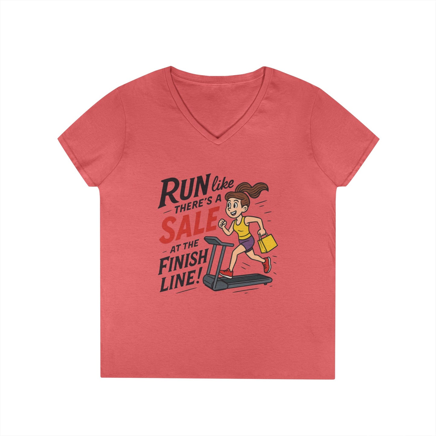 Ladies' V-Neck T-Shirt, Motivational Fitness Tee, Funny Gym Top, Funny Shopping Tee, Treadmill Runner Shirt for Her, For Sale Tee