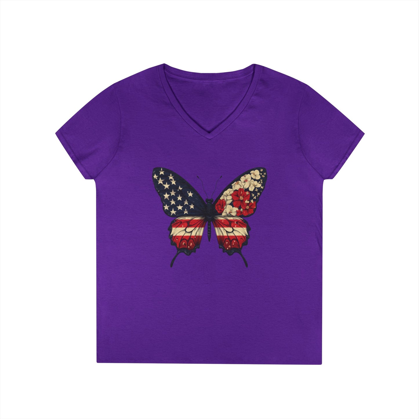 Patriotic Butterfly V-Neck T-Shirt, Summer Style, Gifts for Her, Independence Day, Casual Wear, Nature Lovers